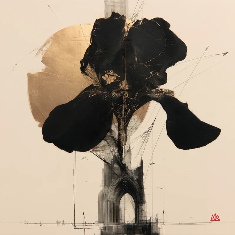 GILDED THRESHOLD artwork: an iris merging with Gothic architectural lines