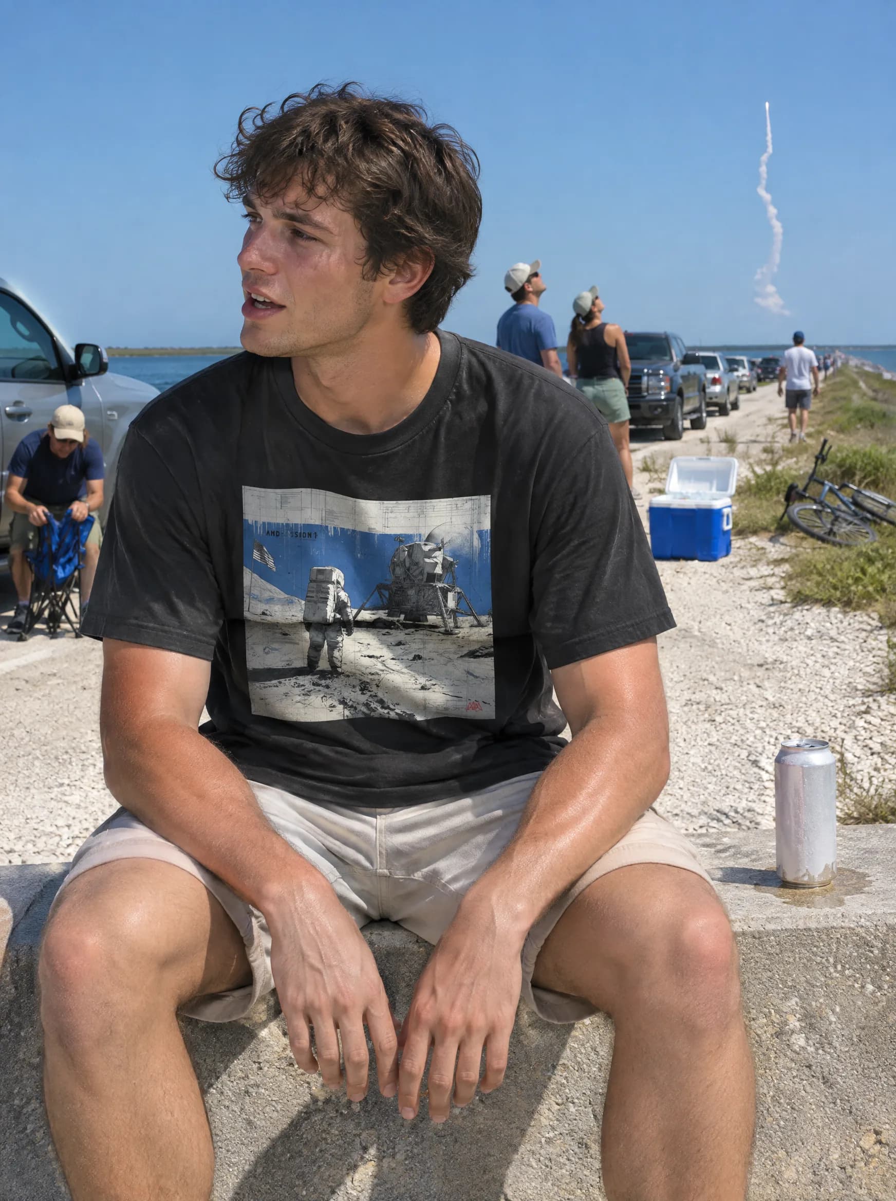 AMERICANA VI tee on a causeway after a launch, blue sky and water behind the wearer