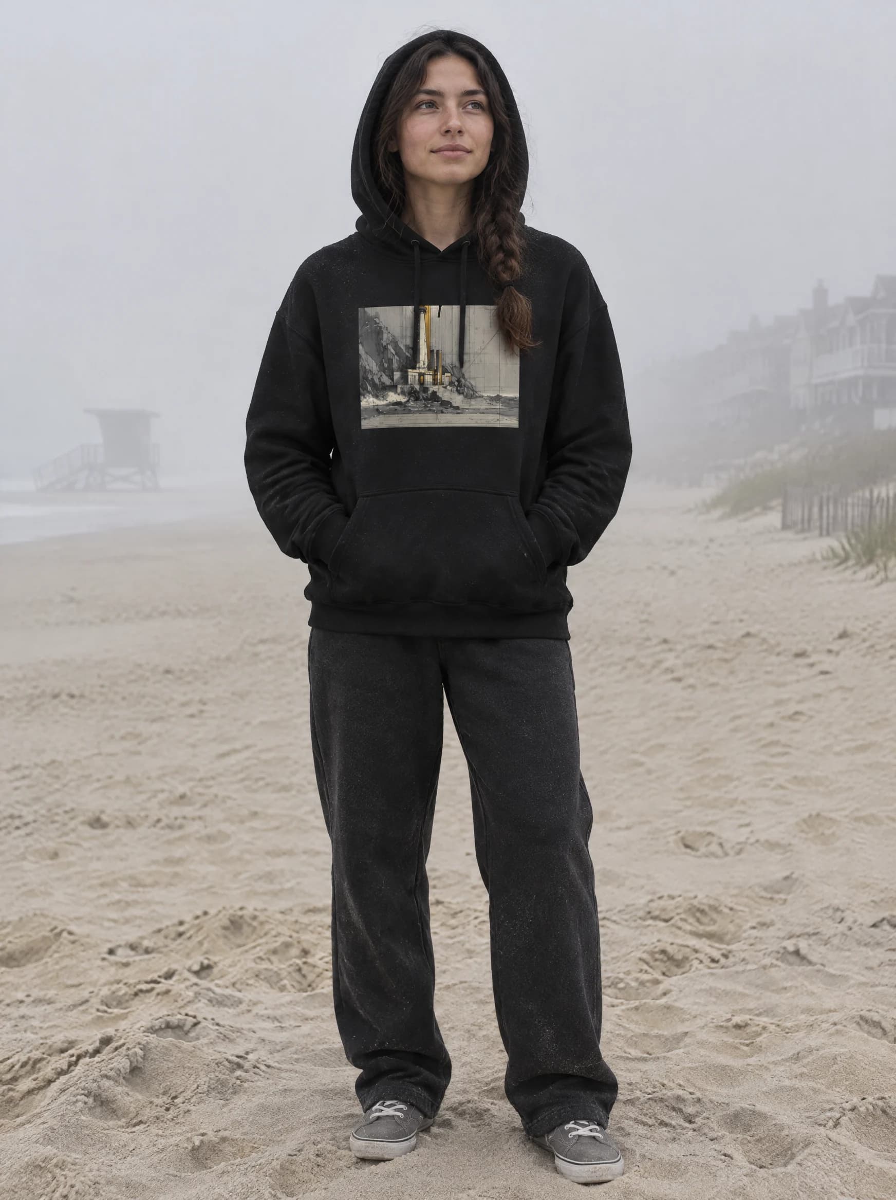 Lighthouse Hoodie worn on the beach in morning fog