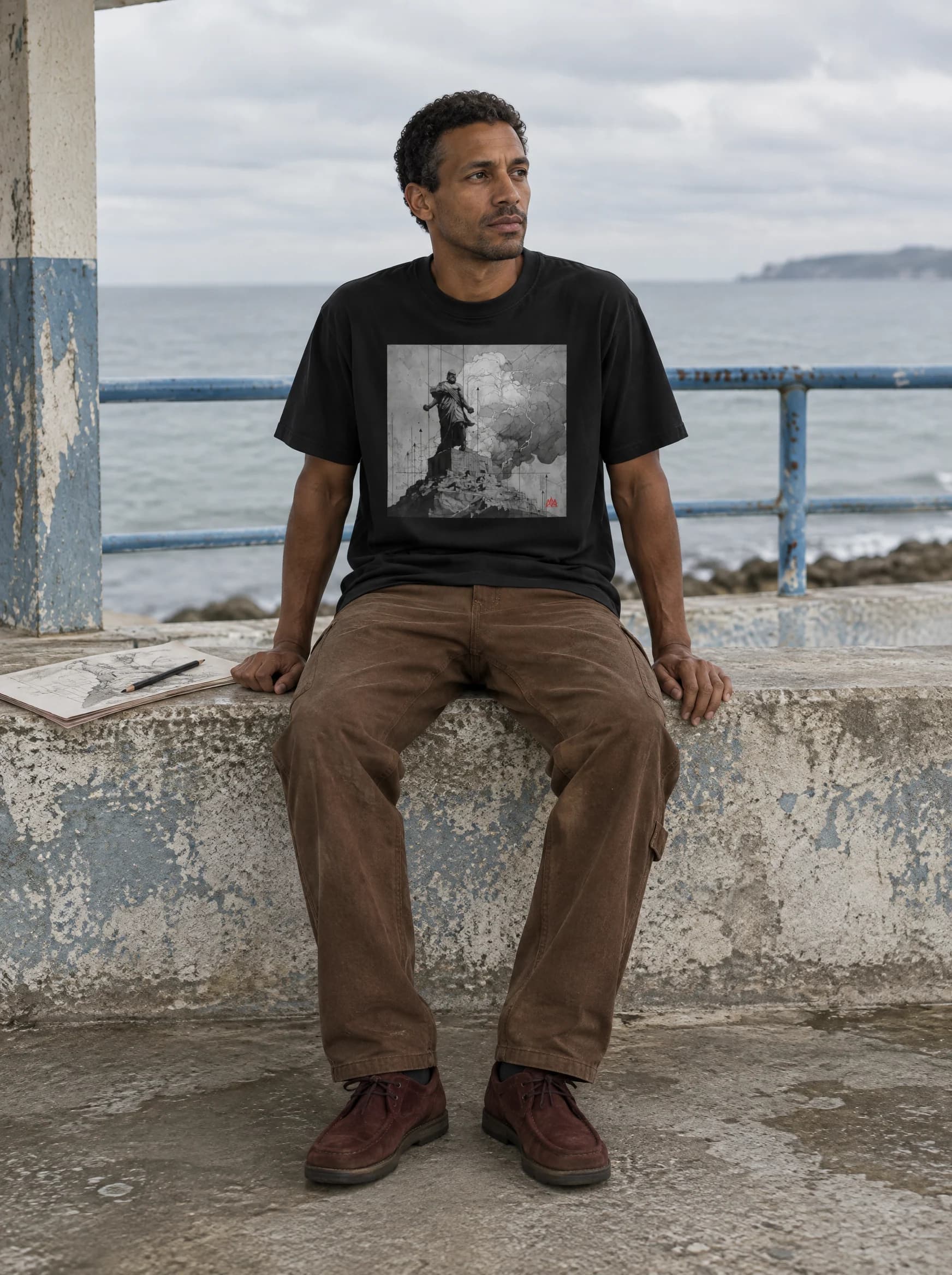 MYTHOS I tee on a young man sitting on a seaside wall