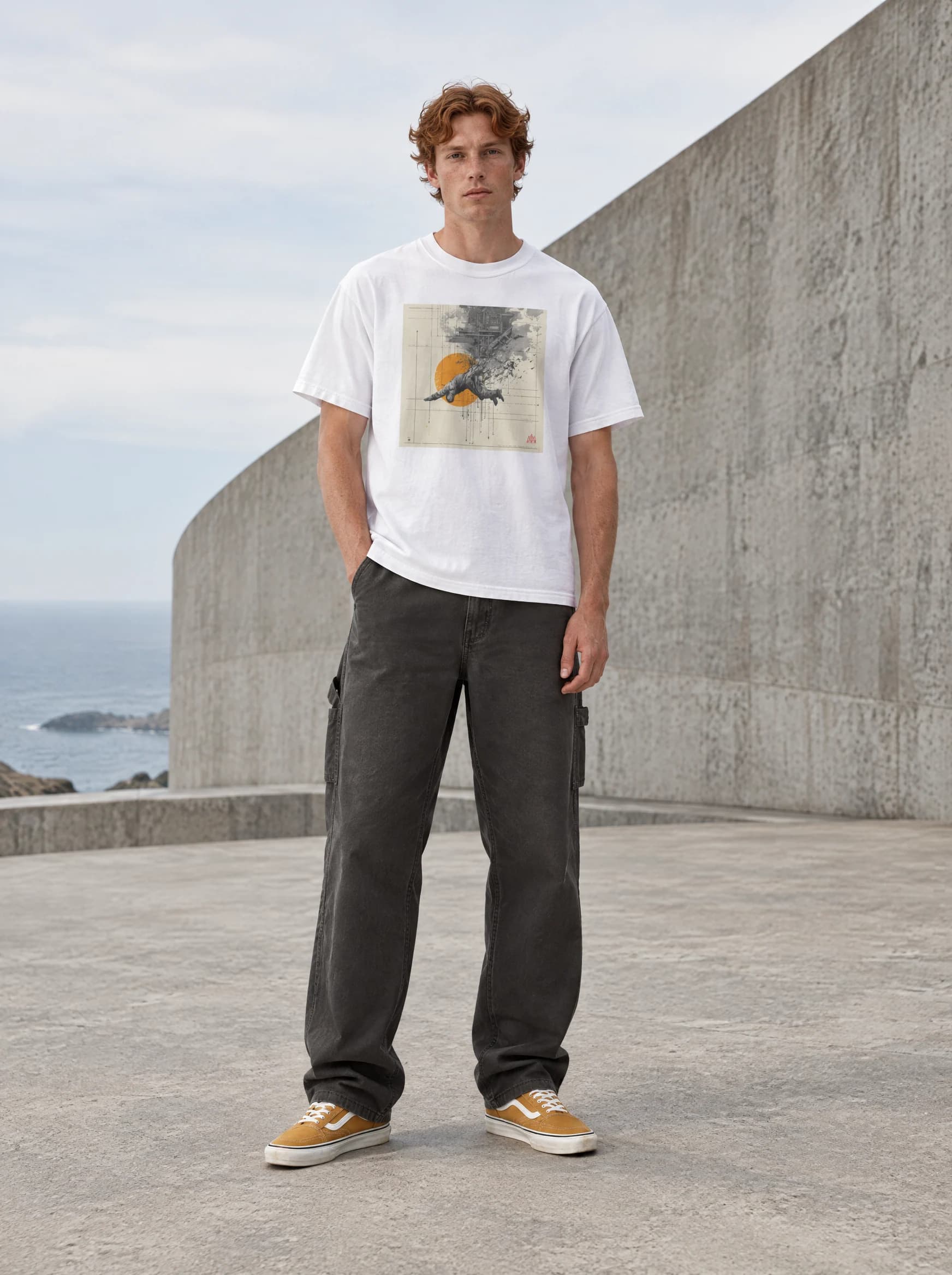 MYTHOS VI white tee beside curved coastal concrete