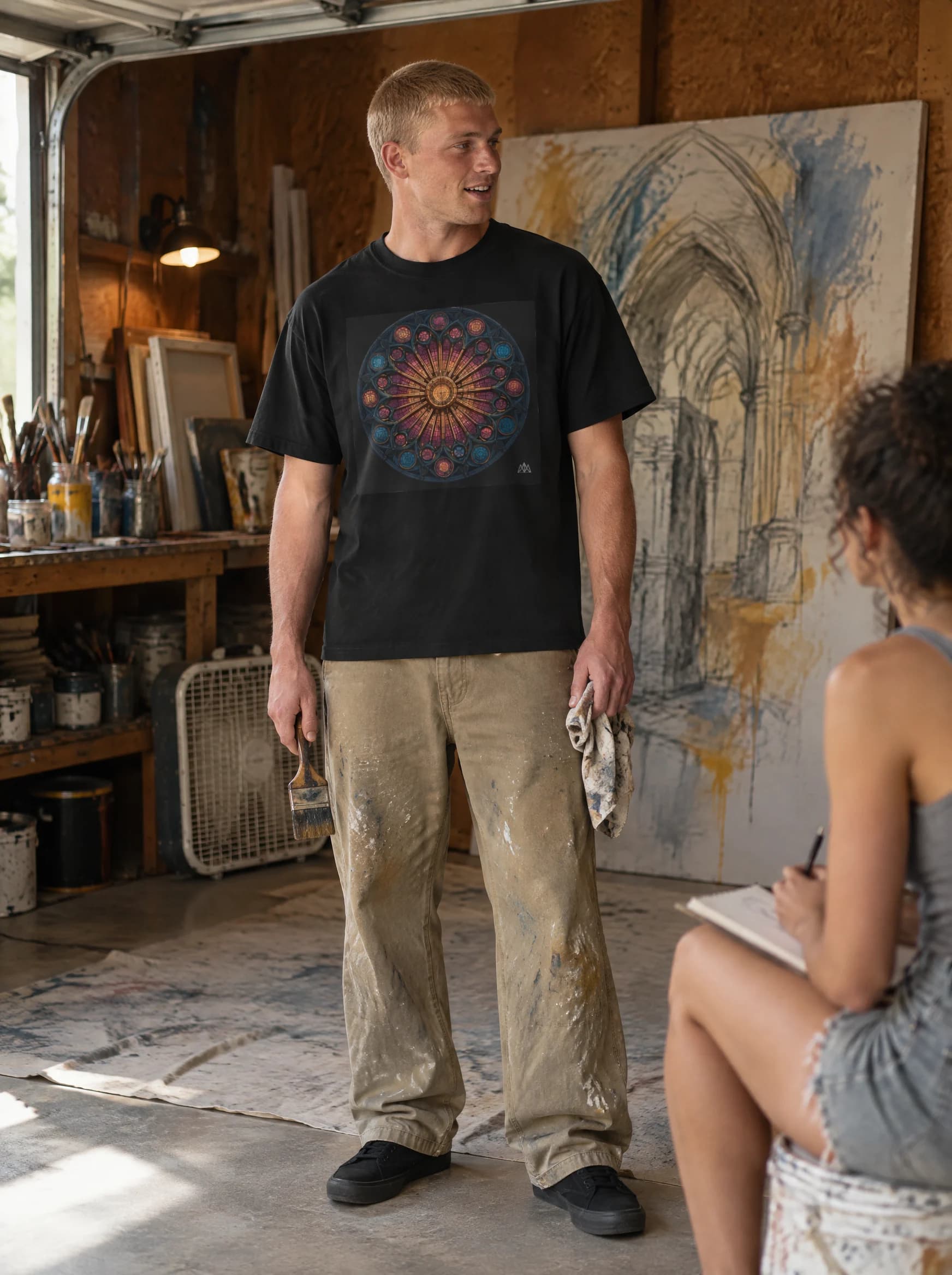 PARISH III tee in a garage studio, a cathedral drawing on the canvas behind the wearer