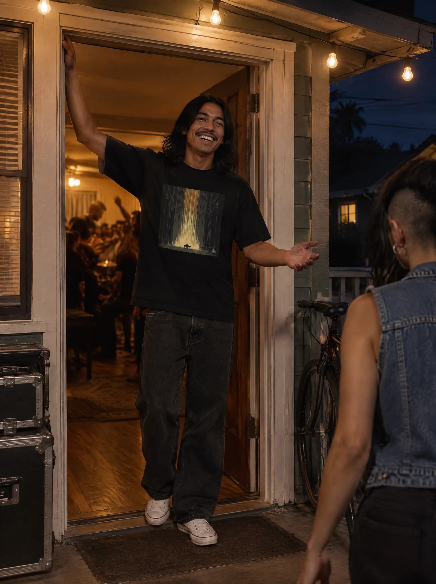 Adult PARISH VI wearer greets friends at the door of a warmly lit house show