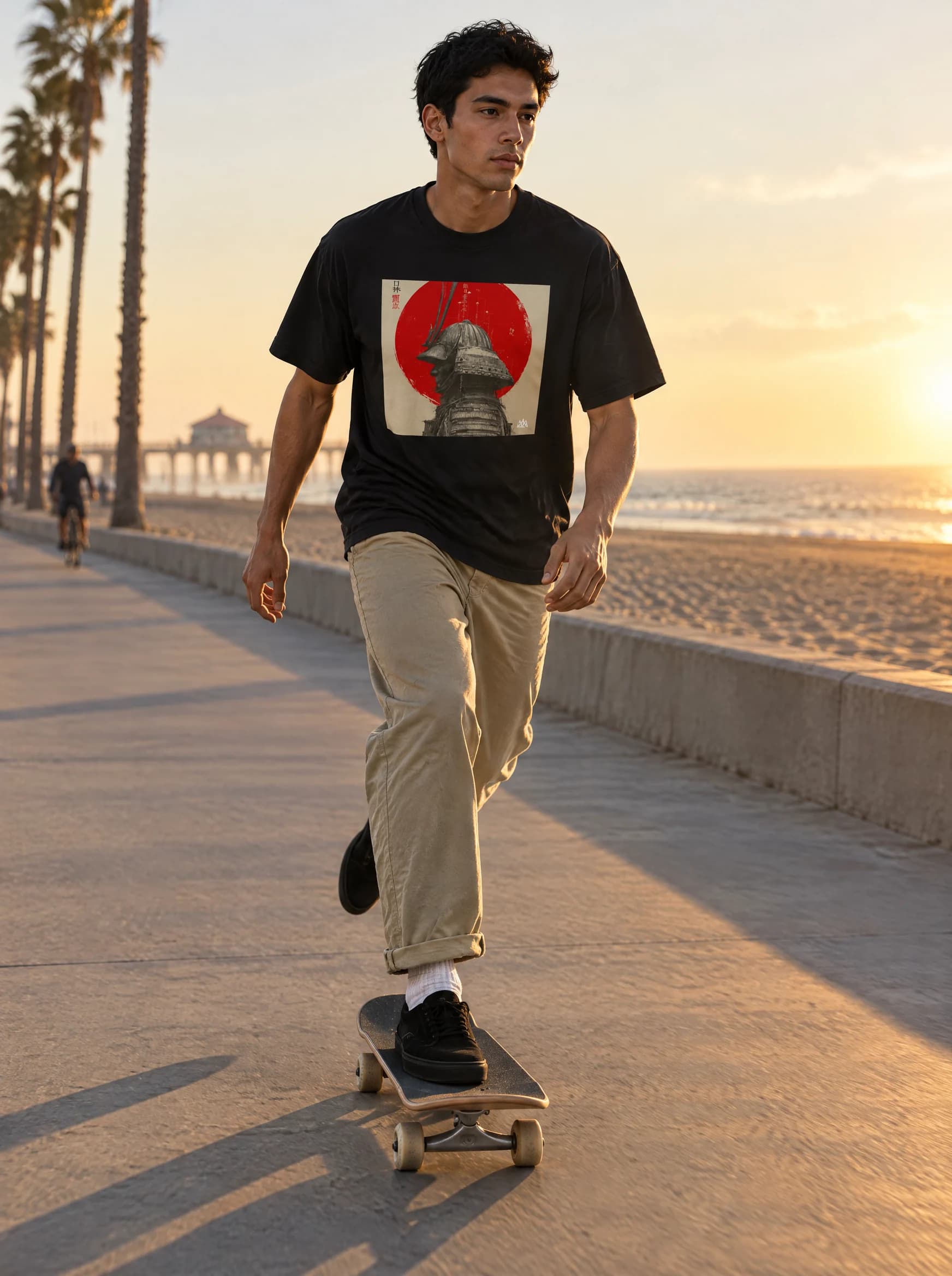 Adult RONIN V wearer on the Huntington Beach path at golden hour