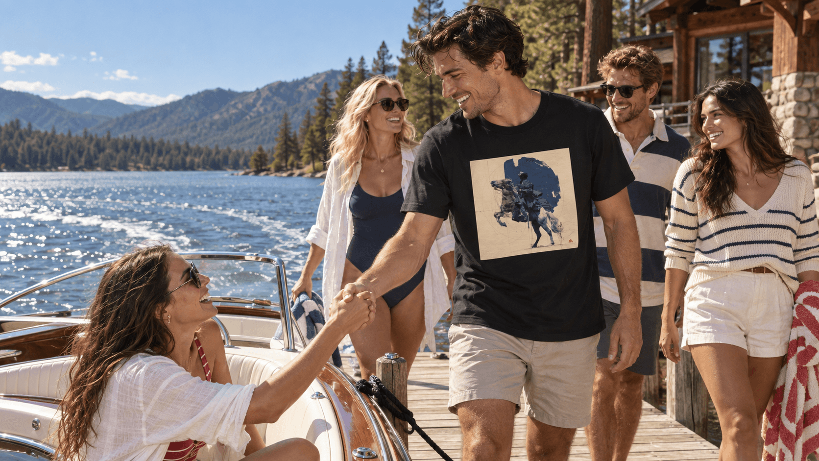 Friends arriving at a Big Bear lakehouse dock, with the black DUST RIDER shirt on the central wearer