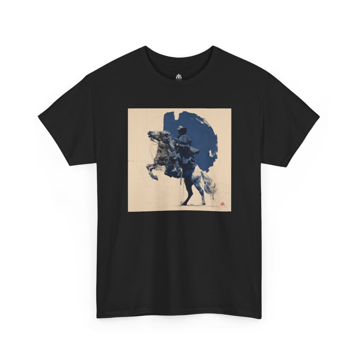 Front garment mockup of the black DUST RIDER short-sleeve tee