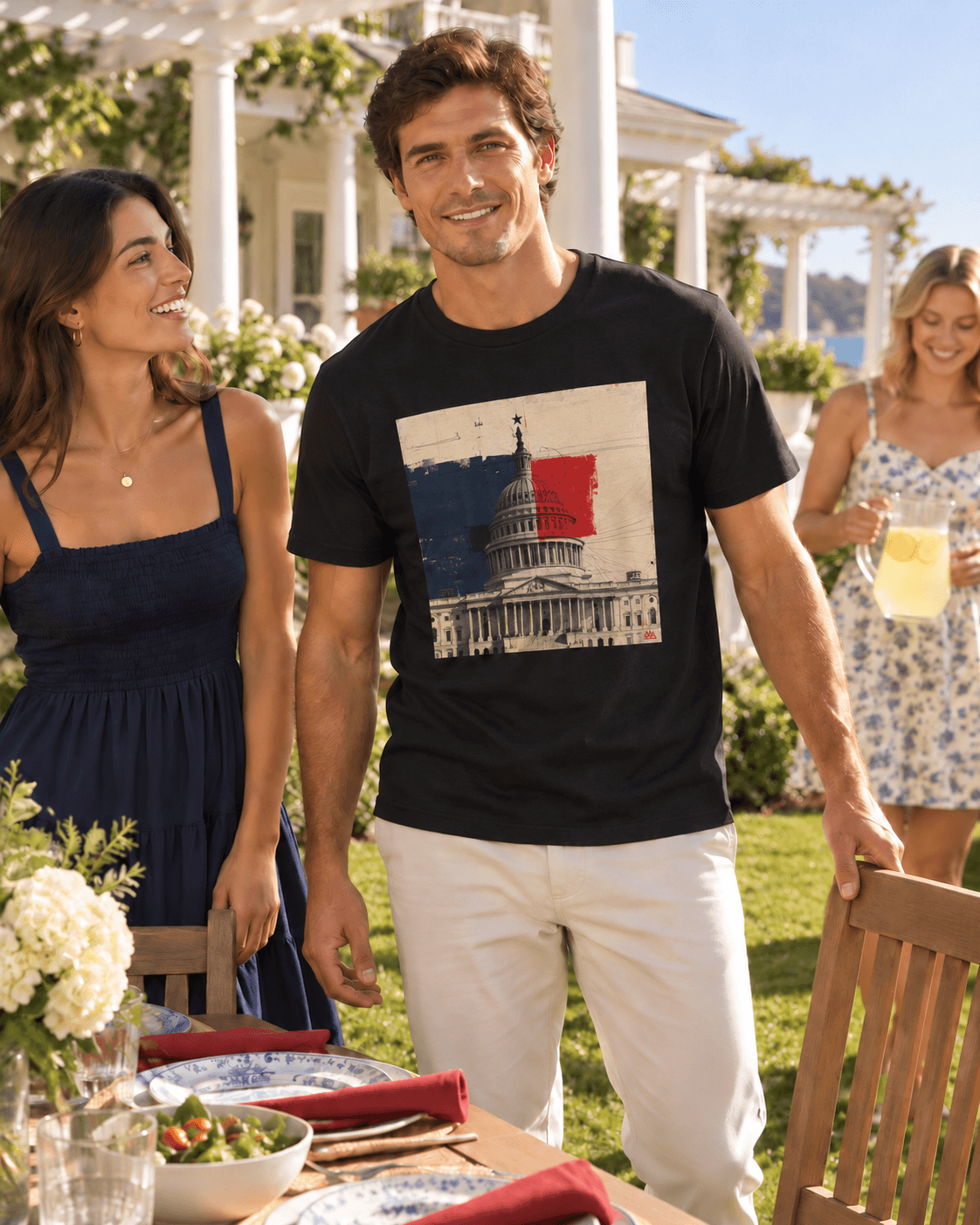 An adult man wearing the black FEDERAL STAR tee pulls out a garden chair beside friends at a sunny lunch outside a white coastal house
