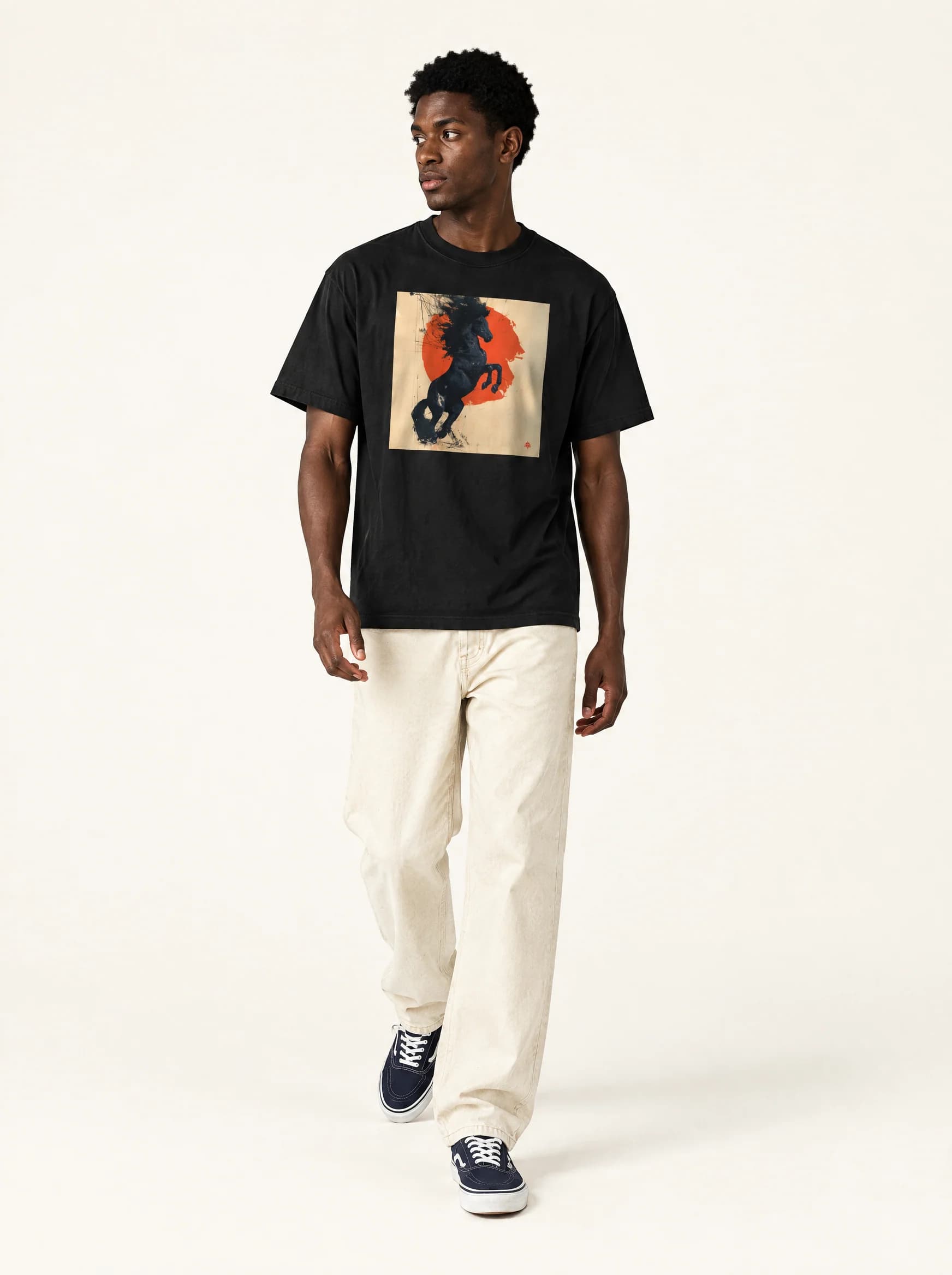 Studio styling study: BREAKAWAY mid-step in loose trousers
